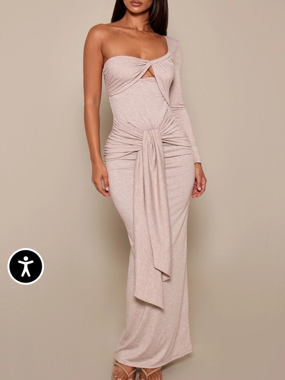 PrettyLittleThing One-Shoulder Twist Maxi Dress in Stone